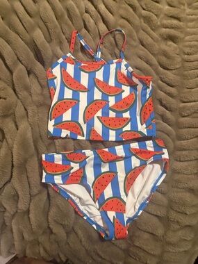 Hanna Andersson Blue & White Stripe Watermelon Two-Piece Swim Set